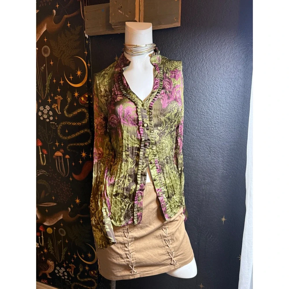 Agora Crinkle Pleat Floral Paisley Ruffle Blouse Olive Magenta Large